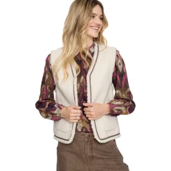 Hot Geisha Teddy Embroidery vest dames off white tape dark brown zigzag