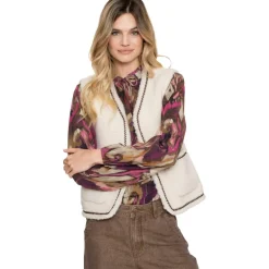 Hot Geisha Teddy Embroidery vest dames off white tape dark brown zigzag