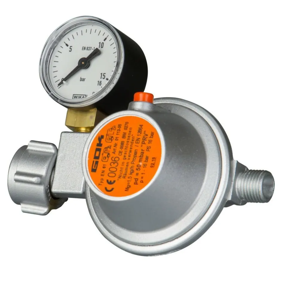 Online GOK Gasdrukregelaar 50 mbar manometer 1/4 linkse aansluiting
